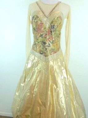 VINTAGE ROSE TAFT evening ball GOWN HAND Made gold rose floral sheer sleeves S